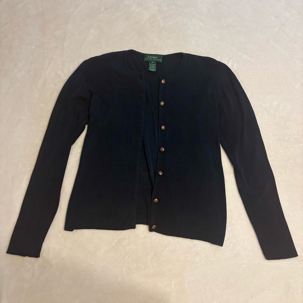 Vintage Ralph Lauren 100% Silk Navy Blue Cardigan with Gold Buttons